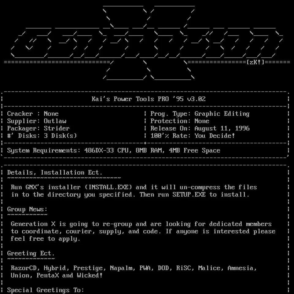 The top of a 1996 NFO file from the group Generation X: a slanted line-drawn logo above dashed boxes with release details.