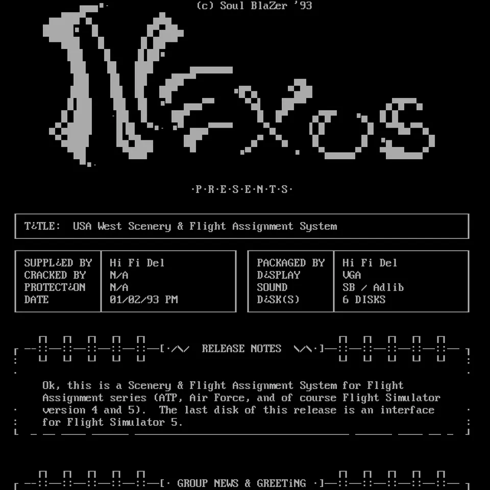 The top of a 1993 NFO file from the group NEXUS: a large text-art logo, boxed release details, and rows of small dotted pillars as section dividers.