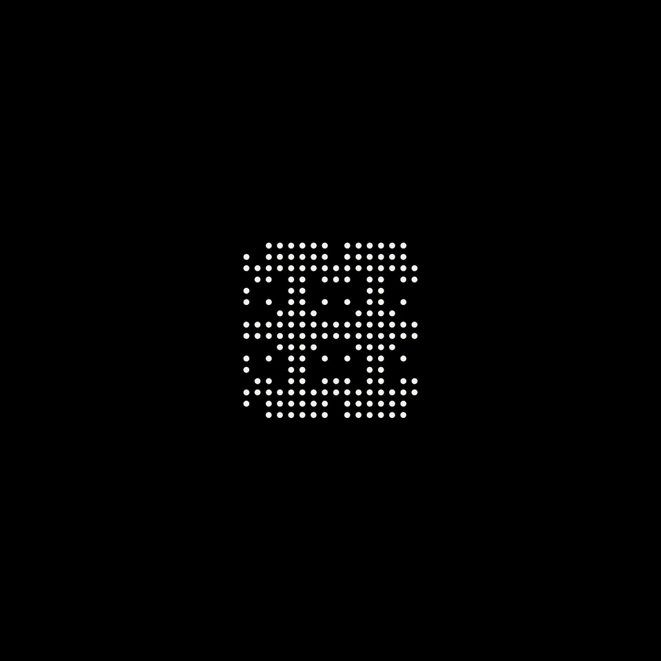 An enlarged square of dots with two interfering ring systems, code 6f02ae.