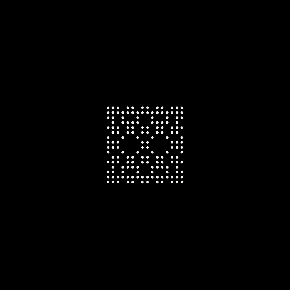 An enlarged square of dots with two interfering ring systems, code 70047d.