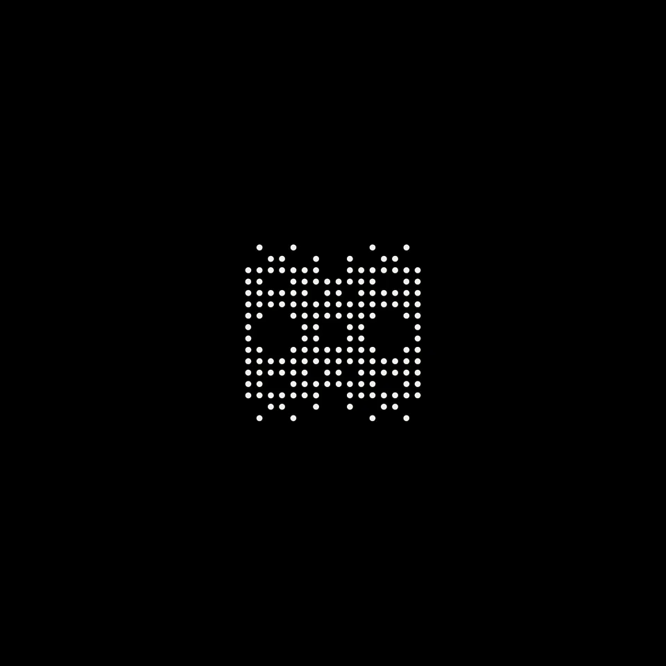 An enlarged square of dots with two interfering ring systems, code 81be22.